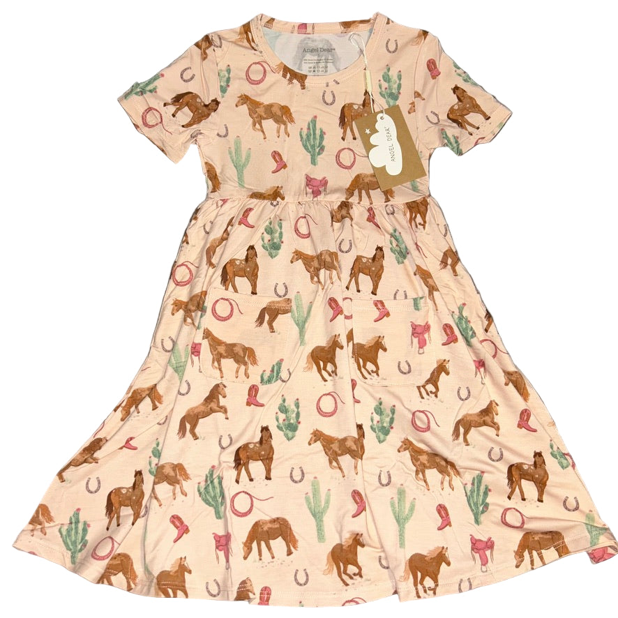 Western Horses - Pink Short Sleeve Twirl Dress