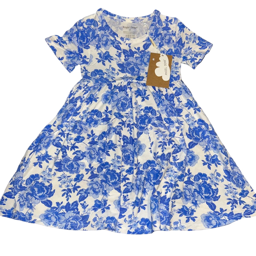 Roses in Blue Short Sleeve Twirl Dress