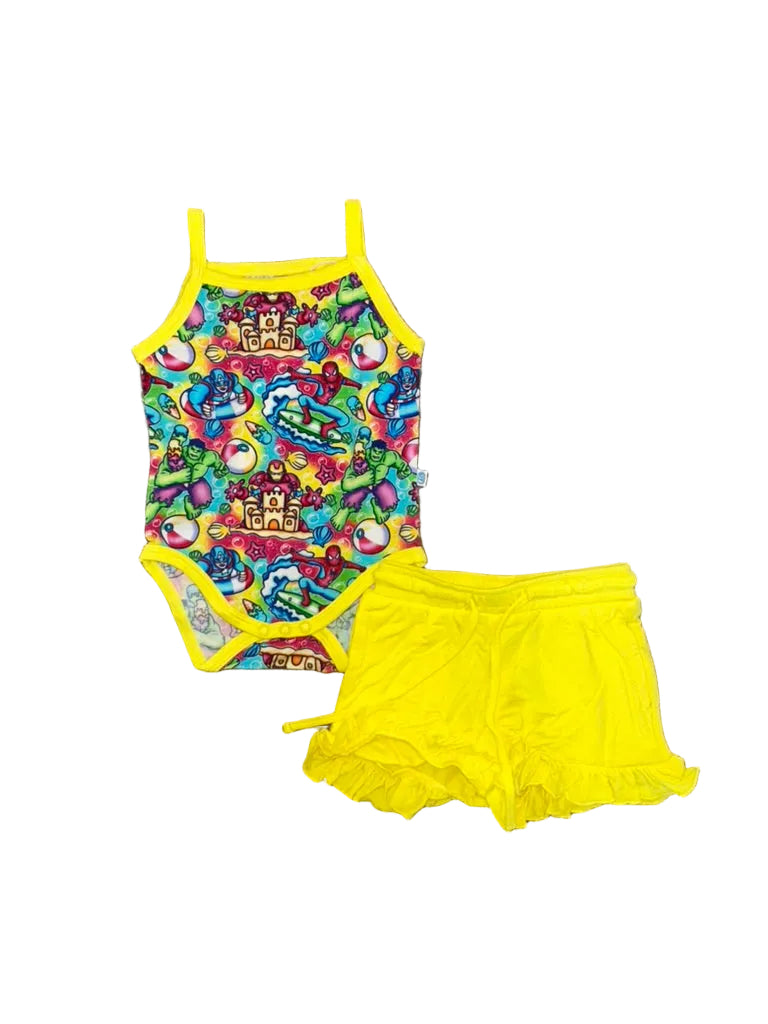 Superheroes at the Beach Onesie and Ruffle Shorts Set