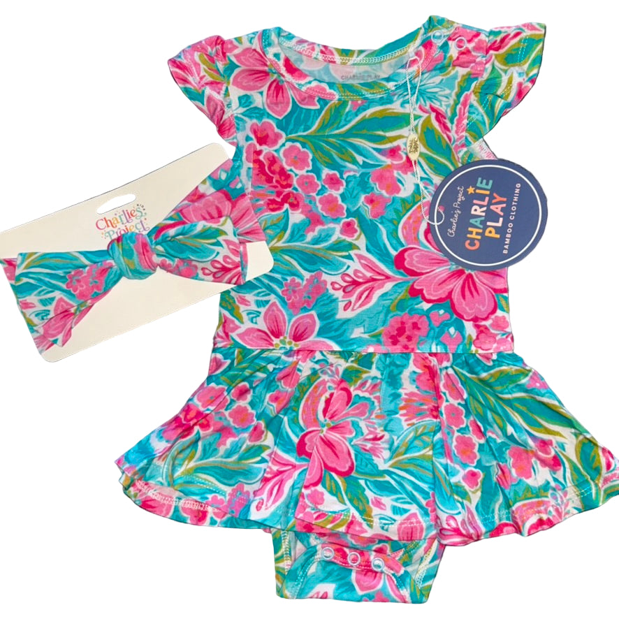 Tropical Flowers Bodysuit Twirl Dress
