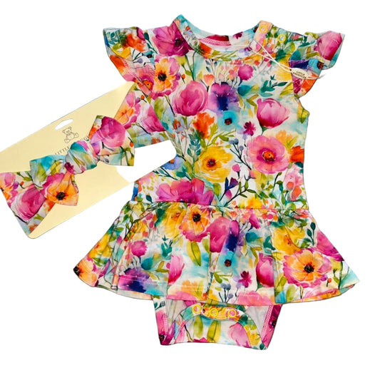 Golden Blooms Bodysuit Twirl Dress