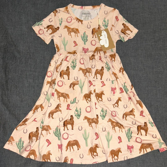 Western Horses - Pink Short Sleeve Twirl Dress