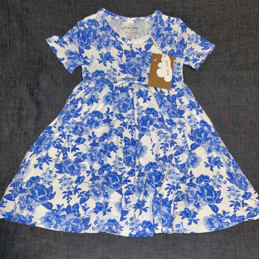 Roses in Blue Short Sleeve Twirl Dress