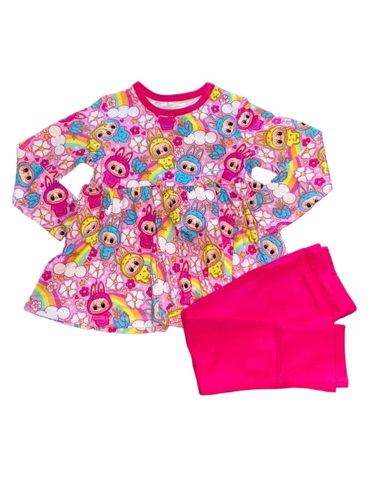 Flower Monsters Long Sleeve Peplum Top and Pants Set