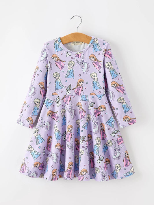 Sisters in the Snow Long Sleeve Polyester Twirl Dress