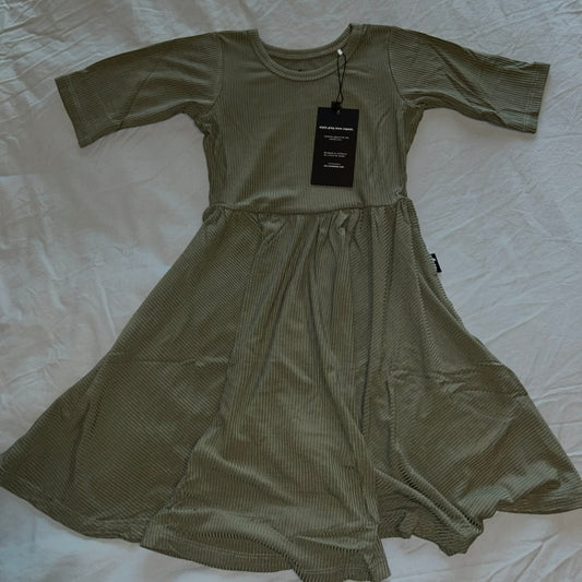 Moss Ribbed Mid Sleeve Twirl Dress