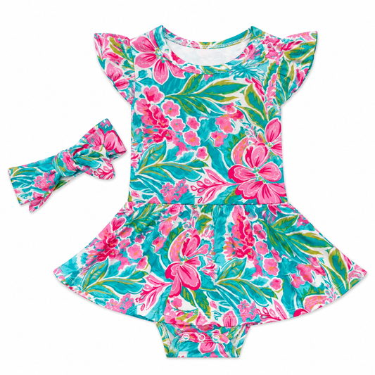 Tropical Flowers Bodysuit Twirl Dress