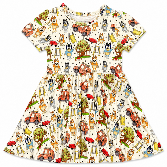 Vacation Pups Short Sleeve Twirl Dress