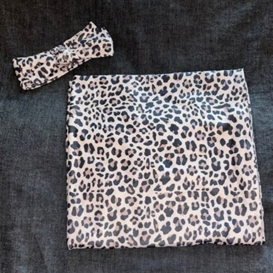 Tan Leopard Cloud Soft Swaddle and Headband Bow