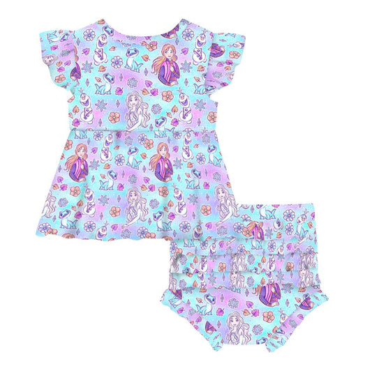 Frozen Flowers Bamboo Flutter Sleeve Peplum Set with Ruffle Bummies