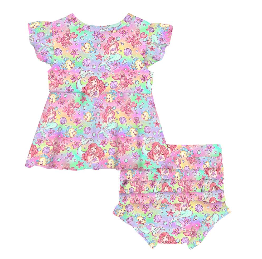 Sea Princess Splashes Bamboo Flutter Sleeve Peplum Set with Ruffle Bummies