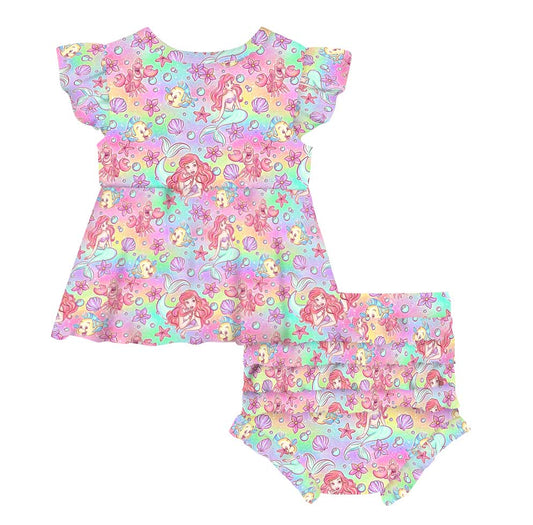 Sea Princess Splashes Bamboo Flutter Sleeve Peplum Set with Ruffle Bummies