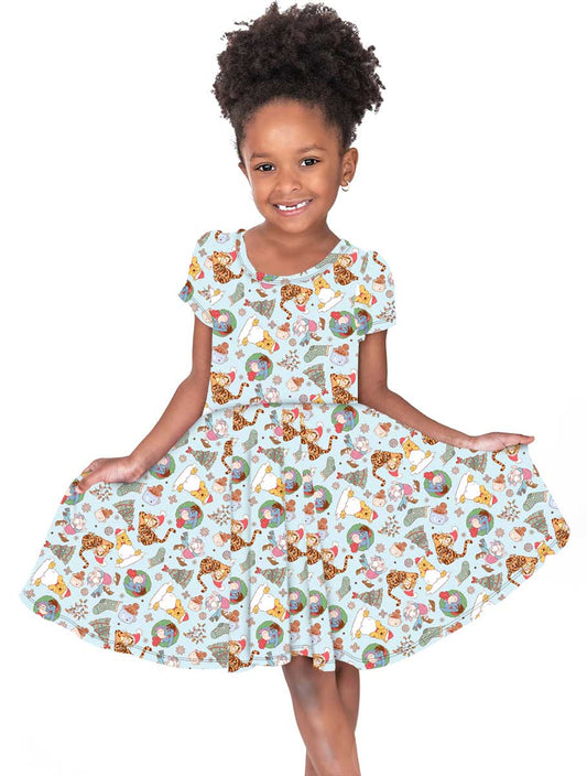Vintage Pooh Christmas Short Sleeve Twirl Dress